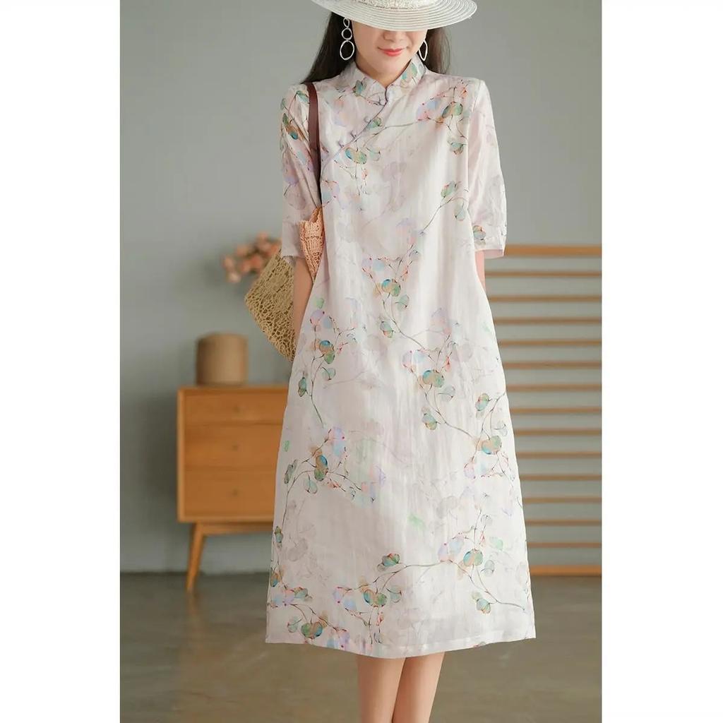 High-end Printed Cotton and Linen Improved Cotton Cheongsam Dress Women's Summer Loose Version Fat Mm Thin Medium and Long Foreign Style Skirt