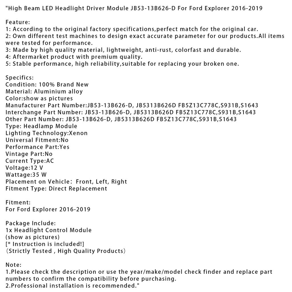 Модуль драйвера светодиодной фары дальнего света JB53-13B626-D для Ford Explorer 2016-2019