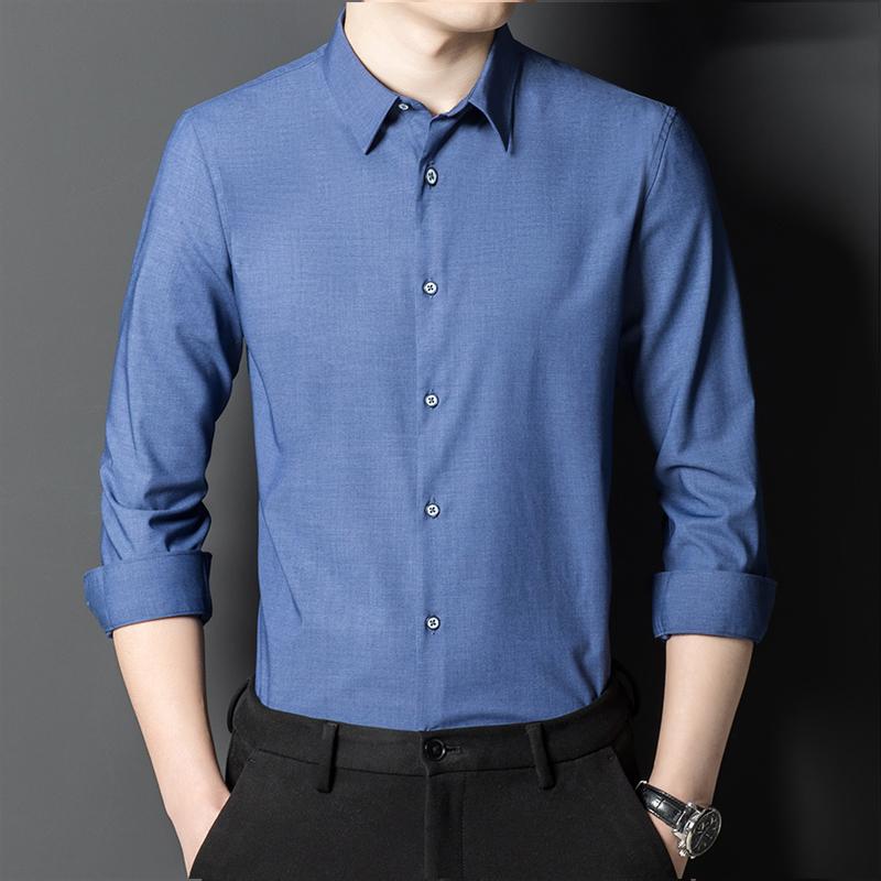 Однотонная мужская формальная рубашка из бамбукового волокна с длинным рукавом, удобная деловая посадка обычного кроя с передним карманом