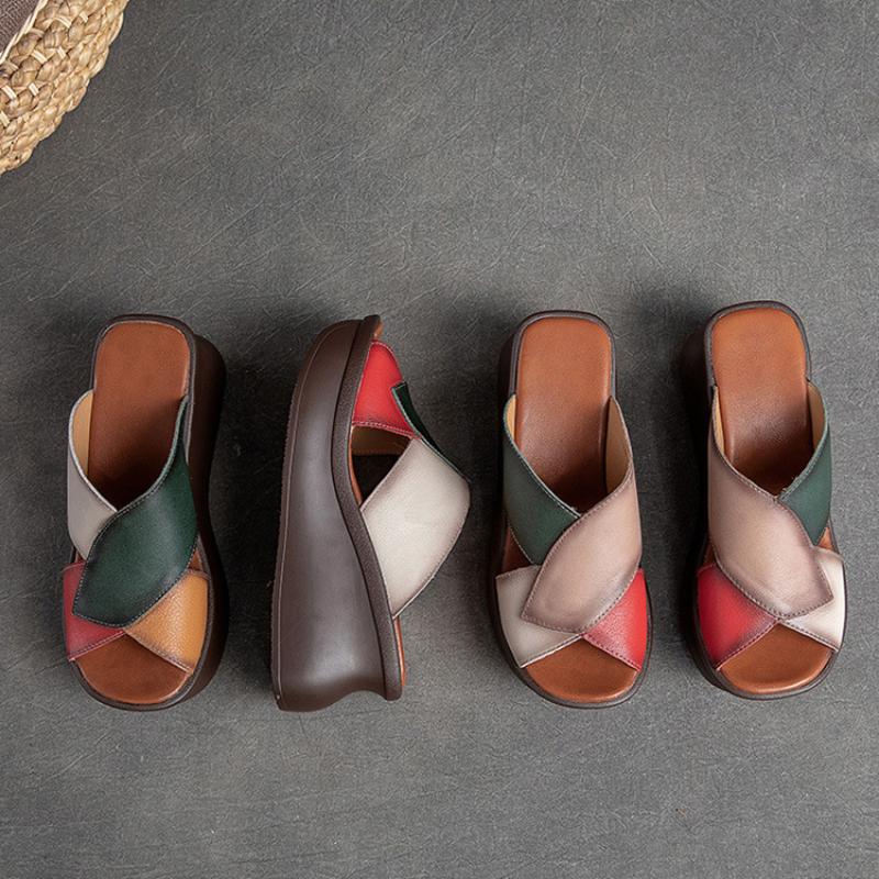 Johnature Женские тапочки на танкетке с открытым носком в стиле ретро, ​​шлепанцы из натуральной кожи на толстой подошве, модная обувь на платформе