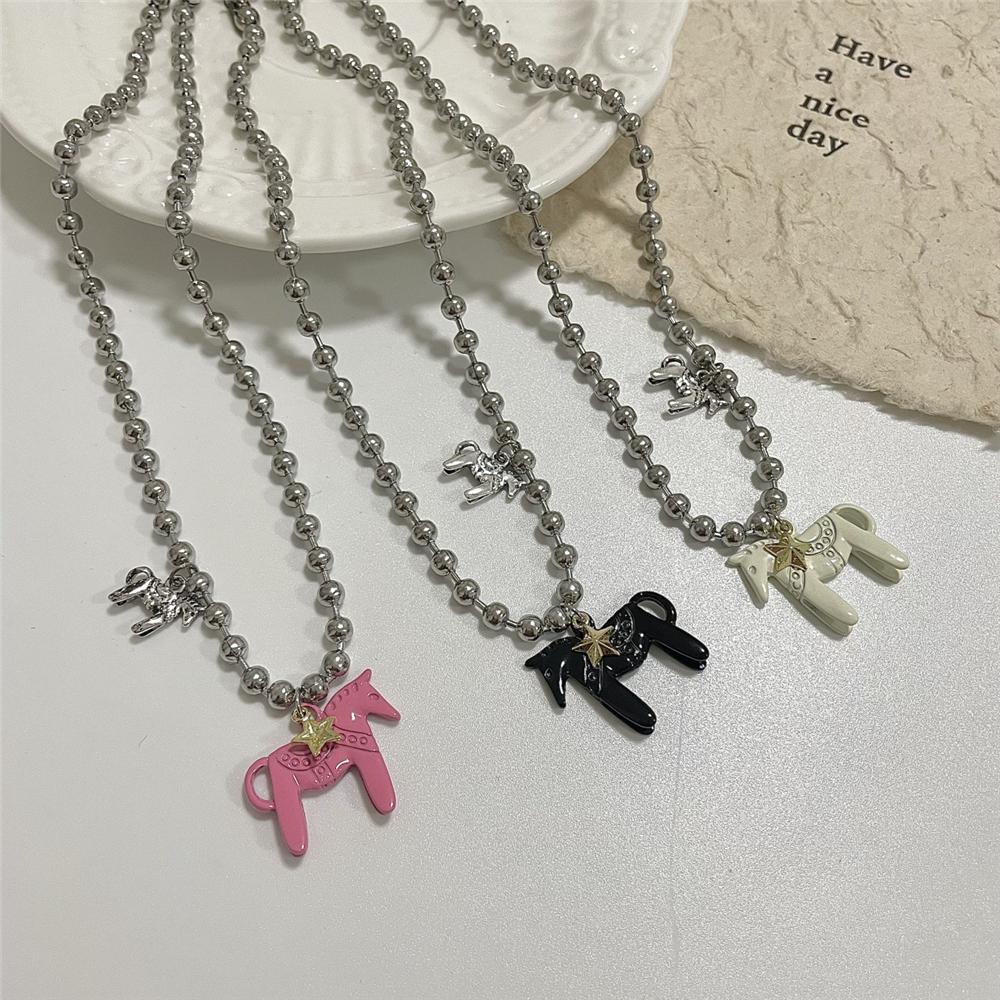 White Horse Pendant Necklace Silver Plated Beads Neck Chain Funny Choker Necklace  for Women