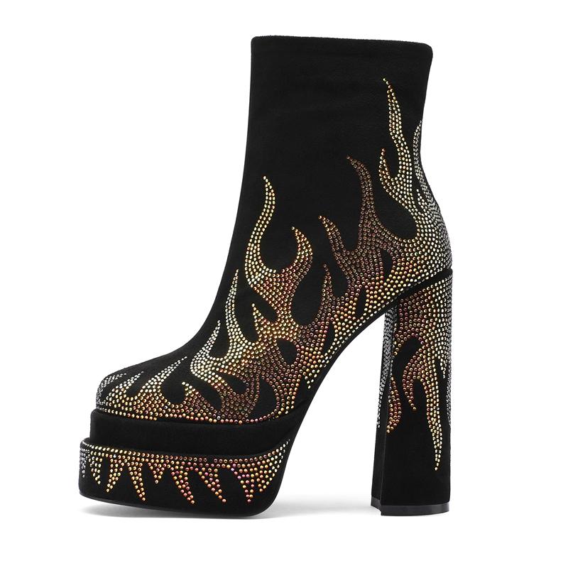 Fashion Kaky's New High-heeled Round Head Waterproof Platform Thick Bottom Large Size Rhinestone Women's Boots Short Boots Fashion Boots