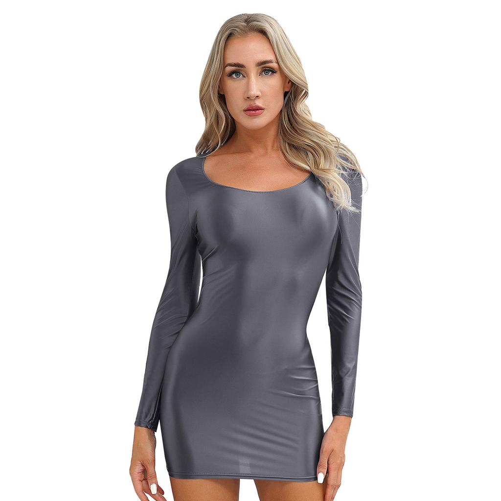 Women's Long Sleeve Bodycon Tight Pencil Dress Oil Glossy Sheer Micro Mini Dress Clubwear