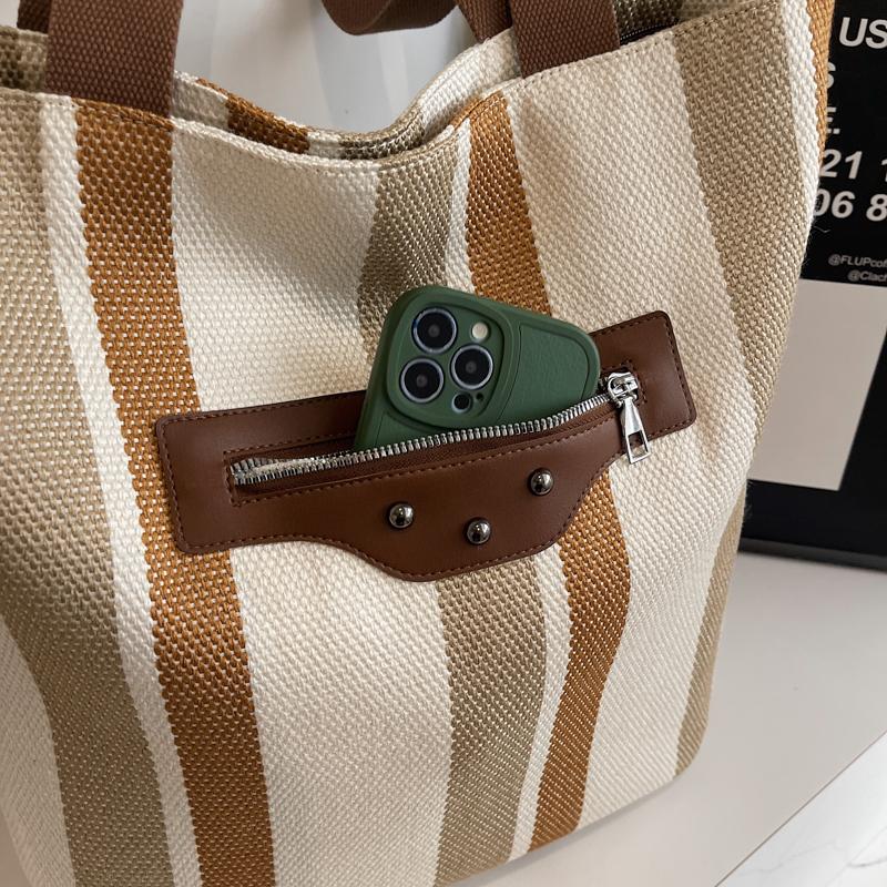 Tote Bag Women's Striped Canvas Shoulder Bag Student Class Hand Bag