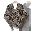 Autumn and Winter High End Versatile Wool Blended Triangle Scarf Retro Leopard Print Tassel Scarf Warm Knitted Women's Shawl