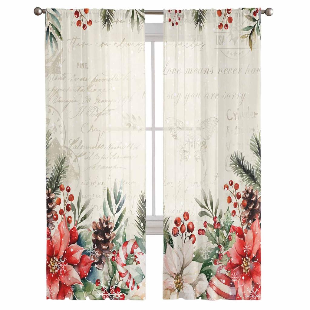 Christmas Poinsettia Berry Curtains For Living Room Bedroom Home Decoration Window Voile Tulle Curtain Drapes