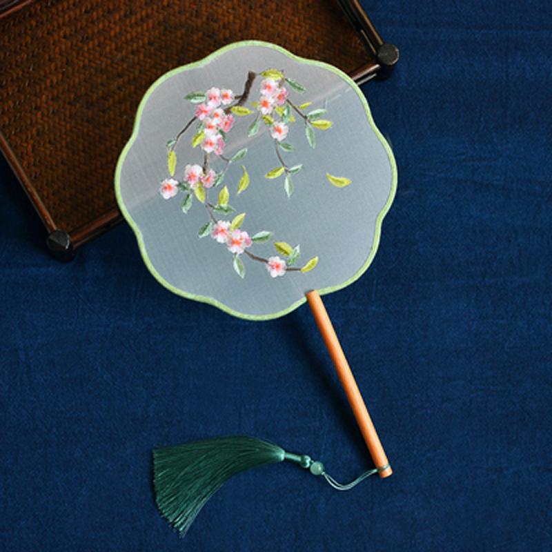 Circular Round Hand Fan, Chinese Traditional Art Embroidery, Classical, Ancient Costume, Han Fu Cheongsam with Long Handle