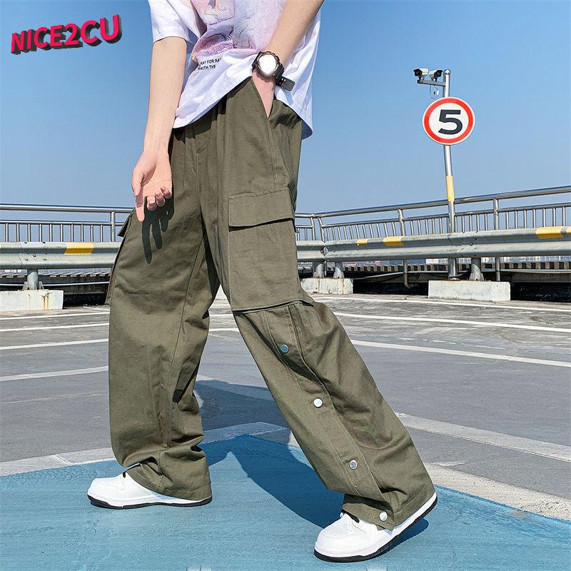 Лето 2023, новые трендовые мужские широкие брюки-карго, корейская уличная одежда, повседневные дизайнерские спортивные штаны большого размера с пуговицами для подростков