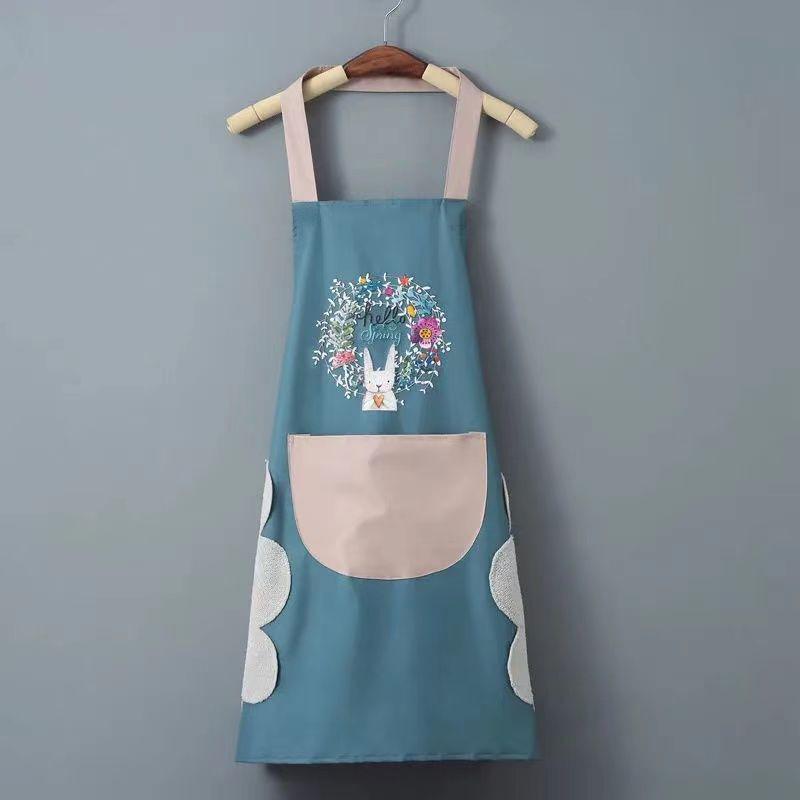 Waterproof & Stain-Resistant Coral Fleece Kitchen Apron - Wreath Rabbit Design, Halter Neck, Korean Style Cartoon.