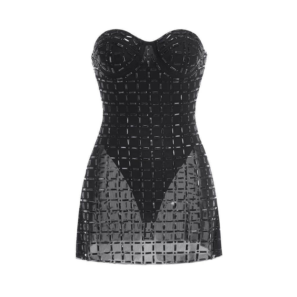 European and American hot diamond tube top, sexy perspective backless waist, femininity elegant hip dress, short low-cut evening dress