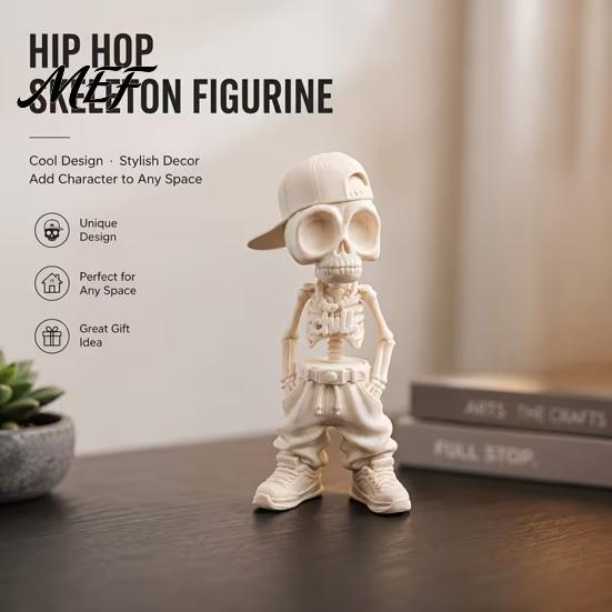 Hip-Hop Skeleton Statue Street Style Figurine, 3D Printed Baseball Cap Cool Sculpture Statue, for Home Office Desktop Decor Decorative Skull Figurine