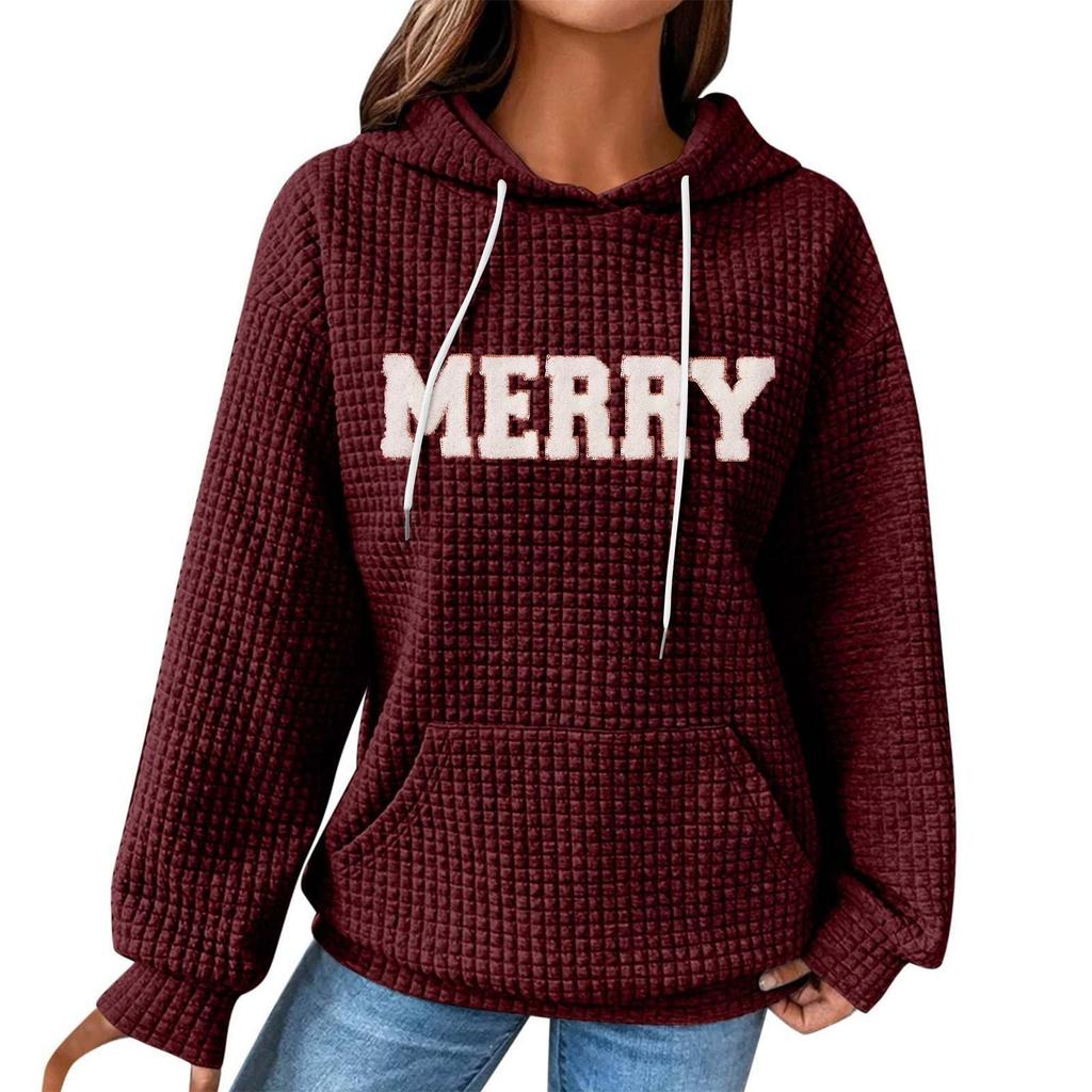 Women's Fashion Loose Hooded Pullover Long Sleeve Plaid Sweatshirt With Drawstring, Drop Shoulder, Pocket, Christmas Print Top