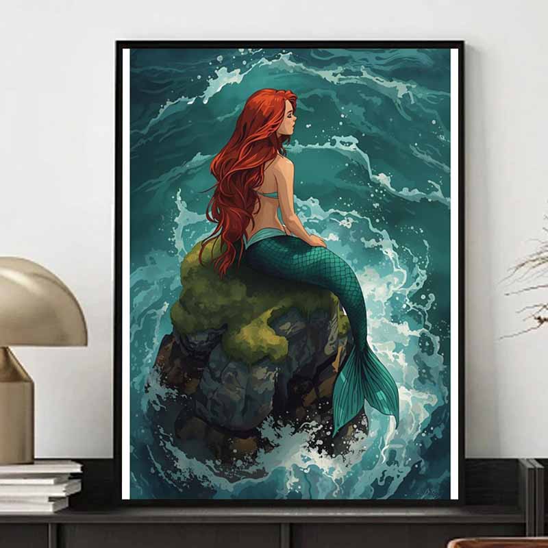 Disney 5D DIY Diamond Painting Ariels Little Mermaid Rock and Wave Illustration Embroidered Mosaic Cross Stitch Home Decor Gift Craft