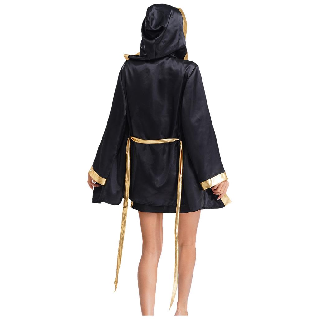 Womens Boxing Ring Outfit V Neck Tank Top Skirt Hooded Coverup Belt Halloween Cosplay Costume Set