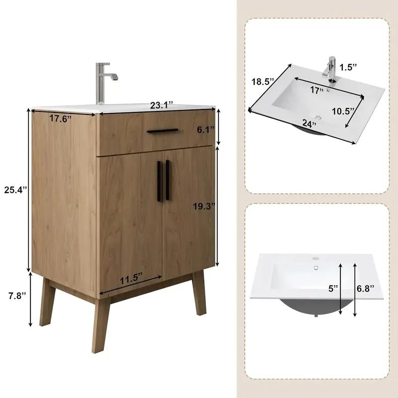 24-дюймовая тумба под раковину для ванной комнаты, Комплект тумбы с раковиной, с двумя дверцами шкафа с плавным закрыванием, Современный одинарный комплект шкафов для ванной, Индивидуальный