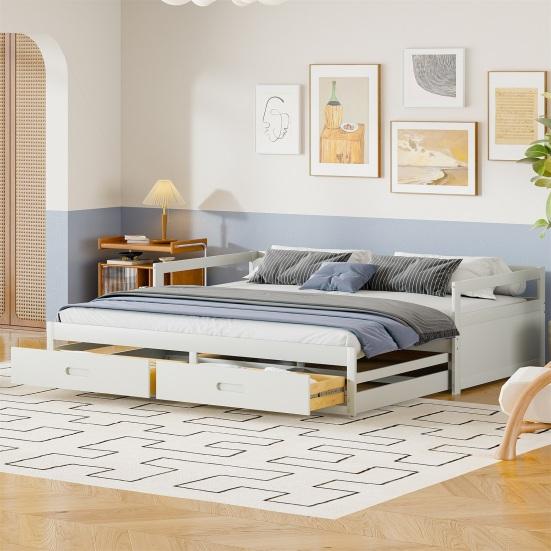 Pull-Out Sofa Bed Pull-out Bed 78" Convertible Sectional Couch Modern Wood Reversible Couches with Drawers And Slats for Living Room (White)