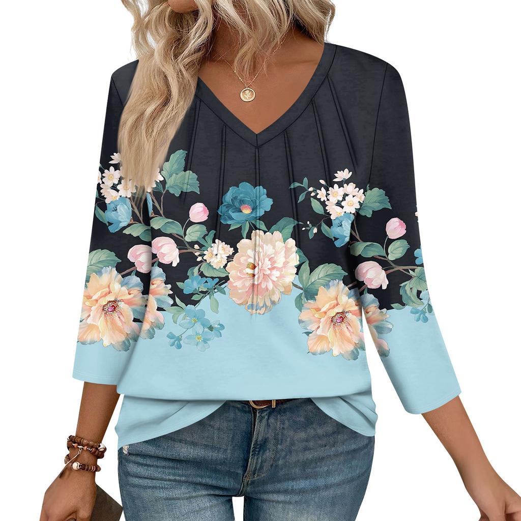 Women's Casual Tops V Neck Pull Stripe Prints Seven Sleeve Tops