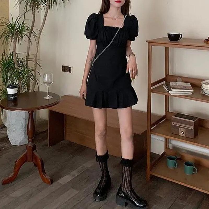 Women's Short Dress Fashion Ruffled Slim Waist Square Collar Small A-line Bag Hip Dress