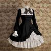 Retro Style High Collar Pleated Bell Long Sleeves Irregular Color Matching Bow Design Knot Lolita Cosplay Dress