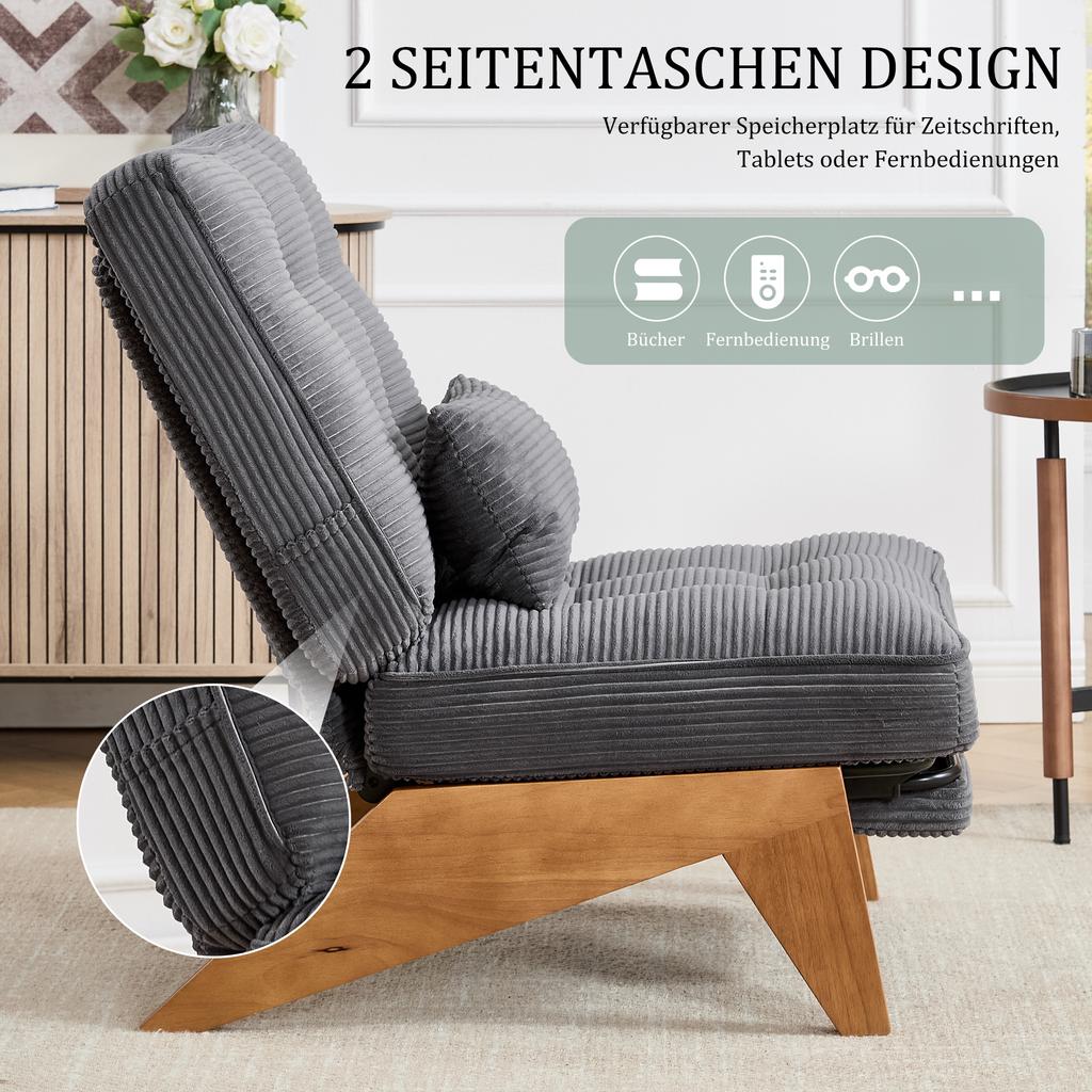 Modern adjustable backless fabric lounge chair with footrest, lumbar cushion and wooden legs for living room/bedroom/study room (grey corduroy)