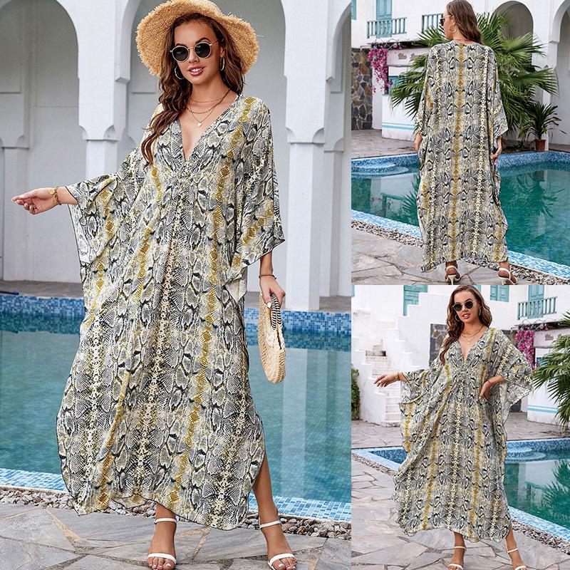 European & American Cotton Print Plus Size Loose Beach Dress Cover-Up for Women