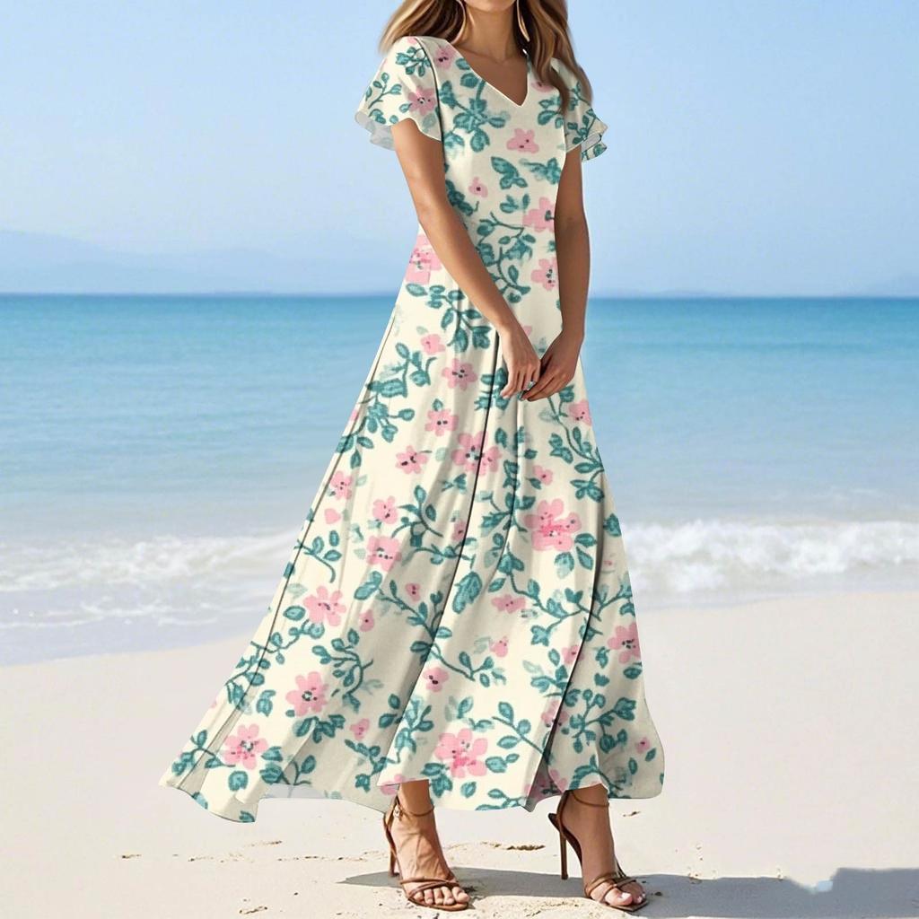 Женские летние повседневные модные платья с принтом и короткими рукавами и V-образным вырезом