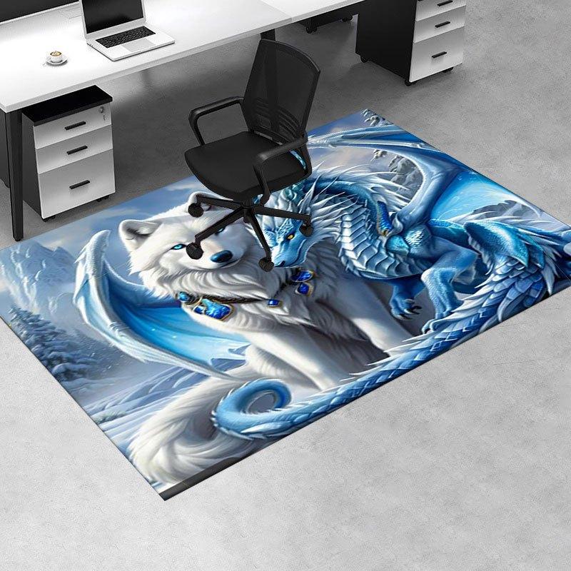 "Snow Wolf and Ice Dragon Fantasy Art Print"Office Mat Perfect for Home Decor Office Desk Chair Rugs Chair Carpet for office Polyester Chair