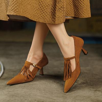 Модные НОВЫЕ Весенние Женские Туфли из Овчины Замши на Высоком Каблуке с Острым Носком на Массивном Каблуке Обувь для Женщин Тонкий Каблук Мэри Джейн Кисточка Вечерняя Обувь