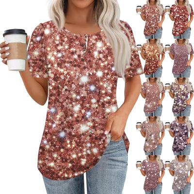 Женский модный повседневный короткий рукав пуловер с принтом на пуговицах и круглым вырезом