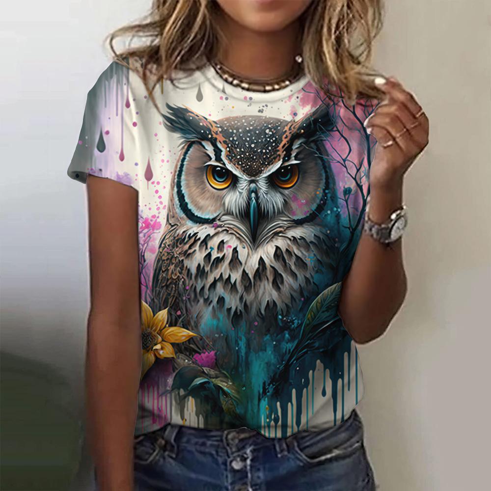 Summer Round Neck 3D Owl Printed Top Fashionable Casual Short Sleeved Women's T-shirts