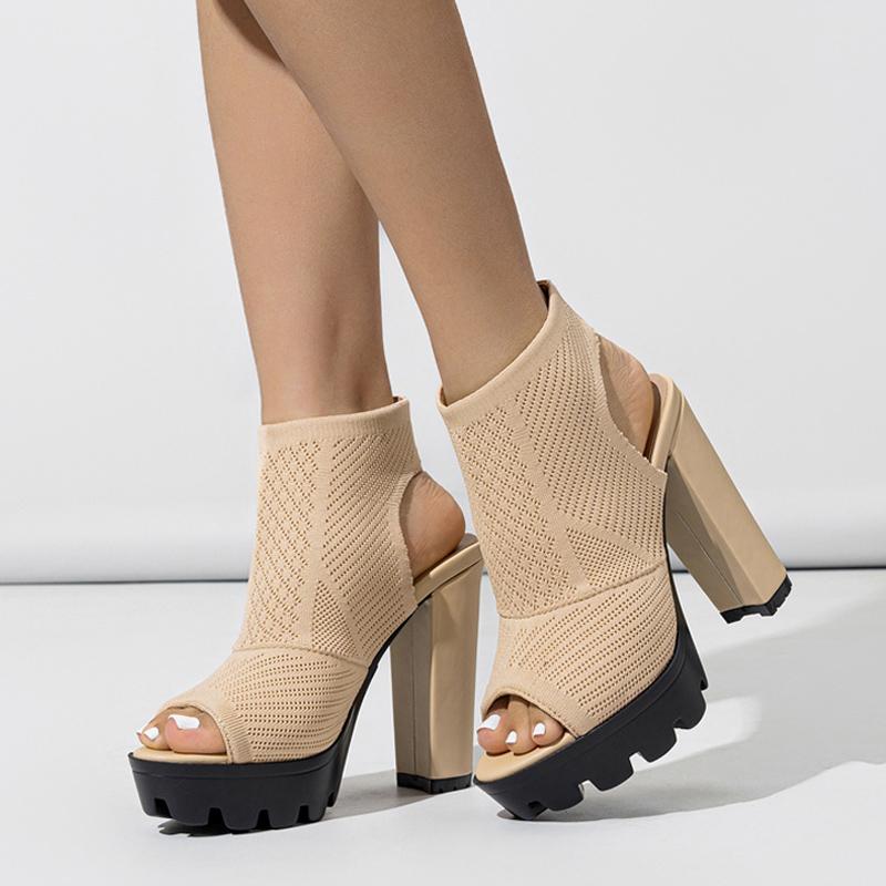 Liyke Punk Style Chunky High Heels Platform Boots Women Thick Bottom Peep Toe Stretch Fabric Socks Shoes Ankle Booties Sandals
