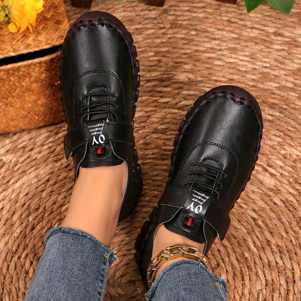 Big Size 43 44 Handmade Faux Leather Flats Women Orthopedic Fashion HandSewing Loafer Round Toe Non-Slip Mom Leisure Walk Shoes
