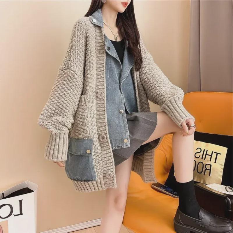 2024 Женская свободная джинсовая куртка-свитер из двух частей с имитацией вставки на осень/зиму