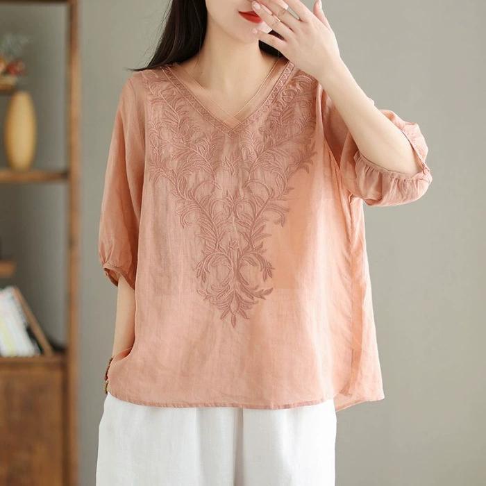 Cotton and Linen Japanese and Korean Five-point Sleeve T-shirt Women's Summer Mother Wear V-neck Embroidered Ladies Top