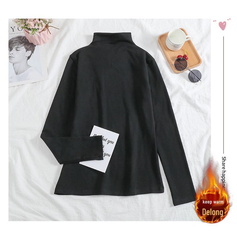 2024 Women's Korean Style Solid Color Plus Velvet Long Sleeve T-Shirt, Autumn/Winter