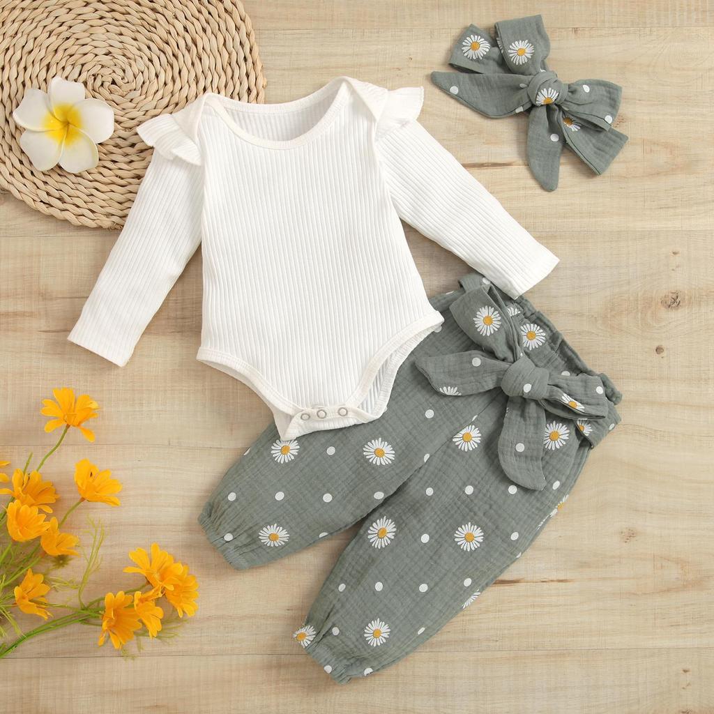Комбинезон из 3 предметов для маленьких девочек, однотонный комбинезон в рубчик с длинными рукавами + длинные брюки со рюшами в виде ромашек и поясом + повязка на голову с бантом