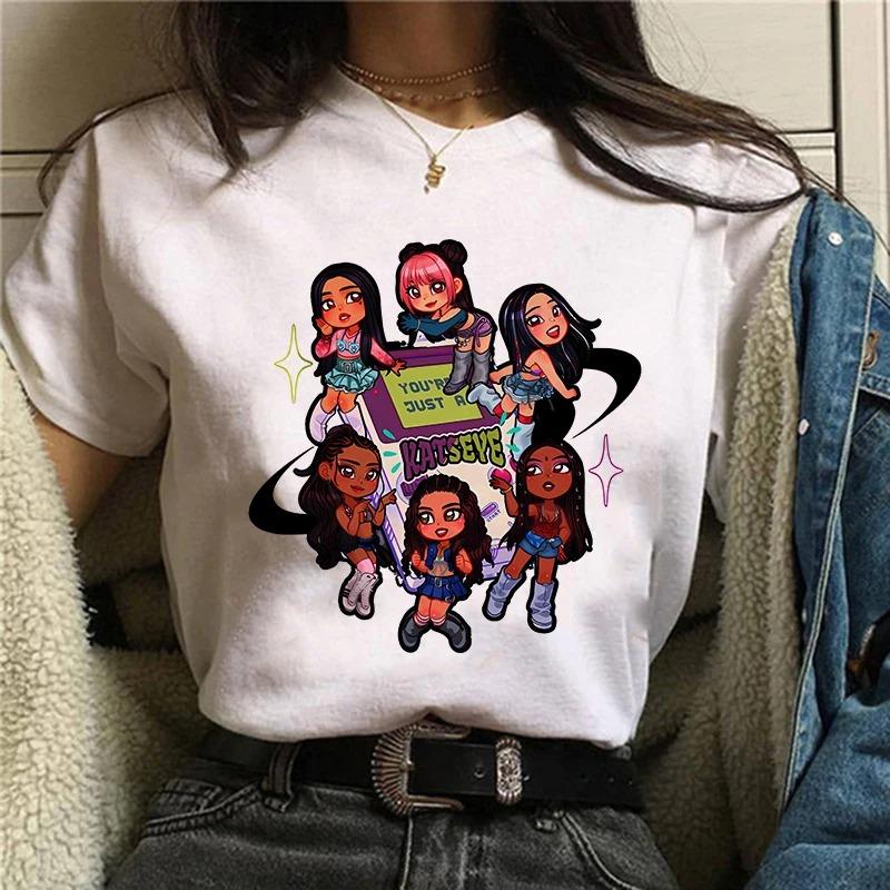 Womens Katseye Print Casual T Shirt Gothic Y2k Tshirt Women Korean Style Graphic Tee Tops Crew Neck Short Sleeve Tshirt Clothes