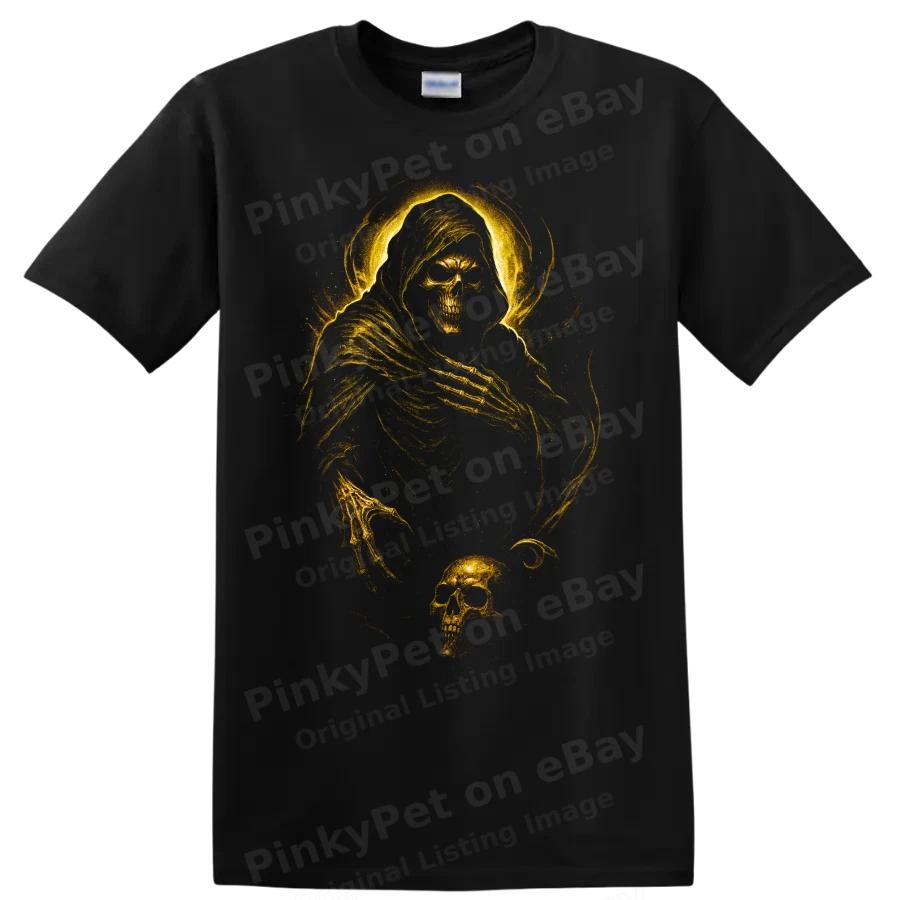 Skull Grim Reaper T Shirt Gothic Golden Skeleton Horror Halloween Graphic Tee