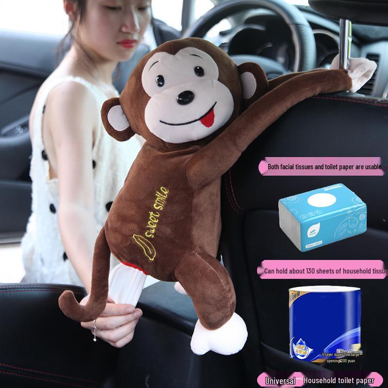 Cartoon Plush Monkey Tissue Box - Cute Car Hanging Pull-Out Cover