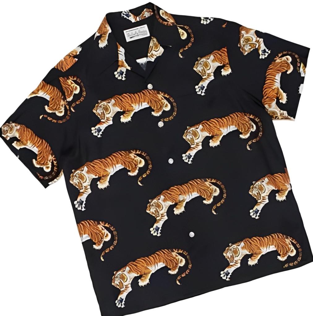 Aspersio Рубашка с коротким рукавом с тигровым принтом в японско-американском стиле с открытым коротким воротником, мягкая черная, взрослая, с узором, с воротником, крутая, стильная, с принтом, весенне-летняя