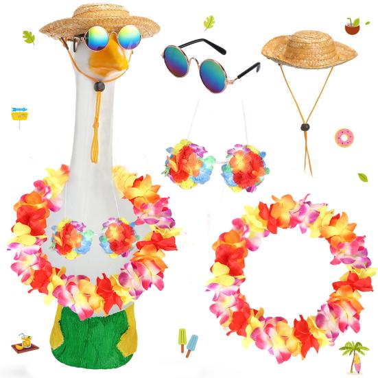 Летние наряды для крыльца гуся, гавайская соломенная шляпа леи, солнцезащитные очки, праздничный костюм для отпуска, пластиковая статуэтка гуся 23"/17", украшение для лужайки и патио