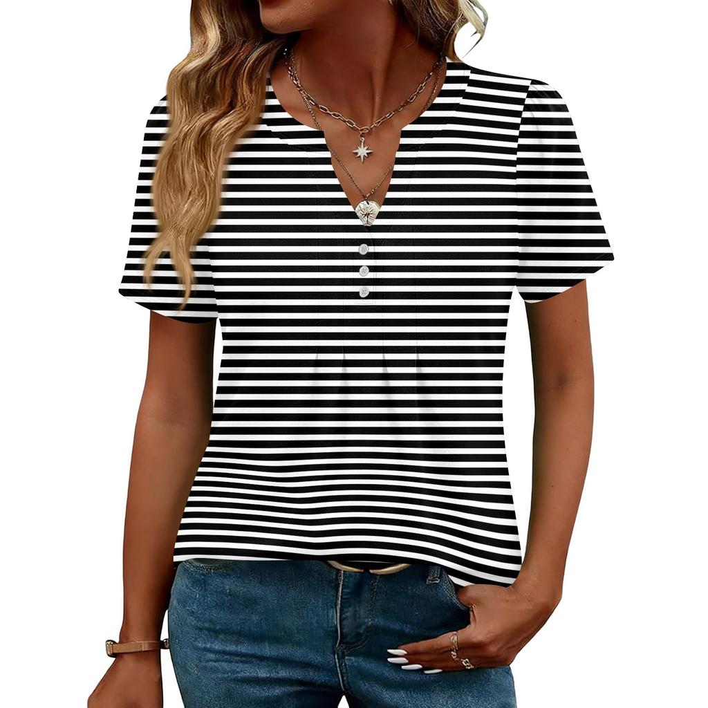 Женские Топы Элегантные Повседневные Рубашки с V-образным вырезом и коротким рукавом Плиссированные Блузки Туника на пуговицах