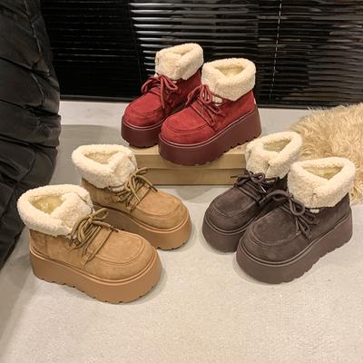Ботинки женские на меховой платформе, теплые, замшевые, на шнуровке, женские, тренд 2025 года, зимняя хлопковая обувь для мотоциклистов, Botas De Mujer