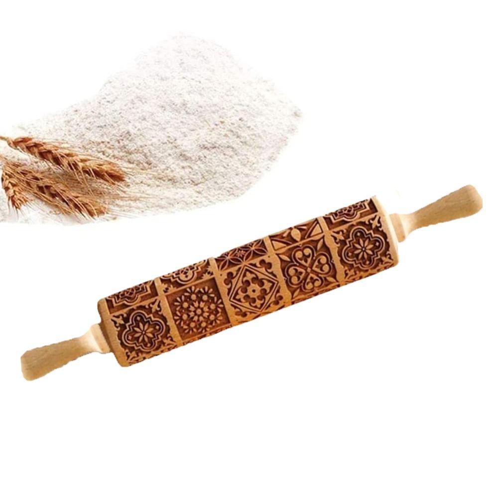 Square Grid Patterned Roller Laser Engraved Embossed Wooden Rolling Pin Cookies Mold Dough