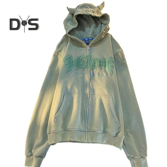 Женская осенне-зимняя куртка на молнии с капюшоном с буквенным узором Свободная толстая с длинным рукавом Теплый роговой декор Карманы Эластичные манжеты Женская куртка средней длины