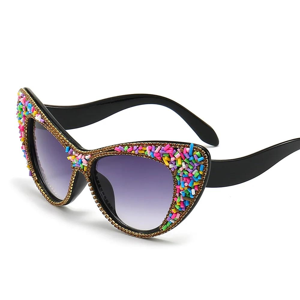 Винтажные Оверсайз Кошачий Глаз Солнцезащитные Очки Женские Роскошные Дизайнерские Панк Сексуальные Защита UV400 Алмазные Сахарные Оттенки