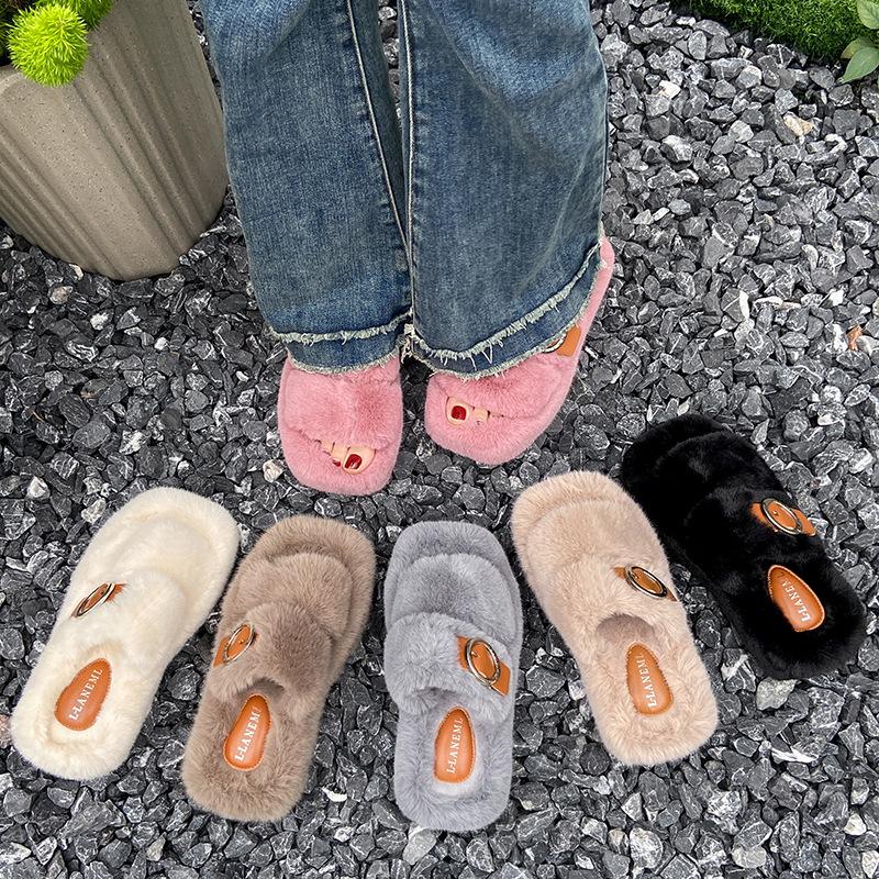 Fashion 2024 New Summer Square Toe Solid Color Belt Buckle Decoration Thick Sole Fashion Fur Slippers Indoor Home Casual Floor Slides