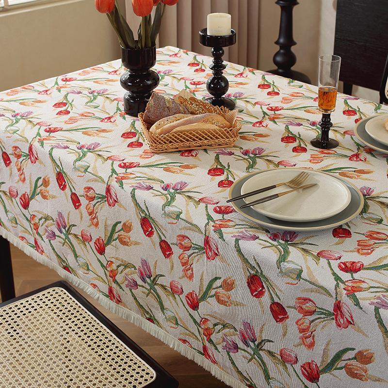 Vintage Floral Tablecloth American Oil Painting Style Thick Cotton Linen Jacquard for Tea Table