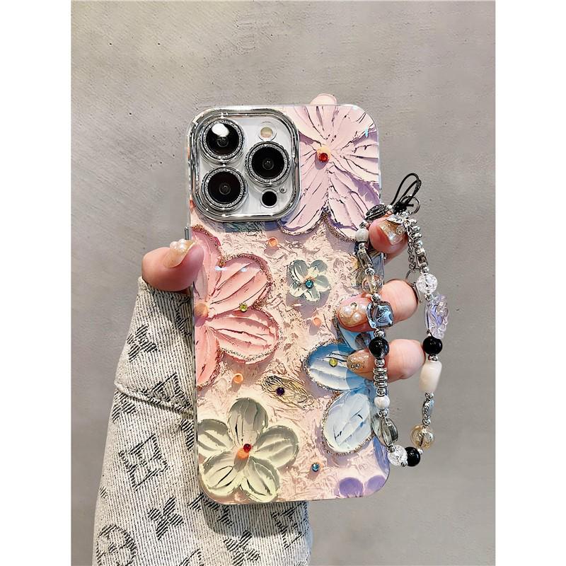 Масляная живопись синим светом, цветочный чехол для телефона для iPhone 16 Pro Max - Дизайн с тонким отверстием из перьевой пряжи в корейском стиле