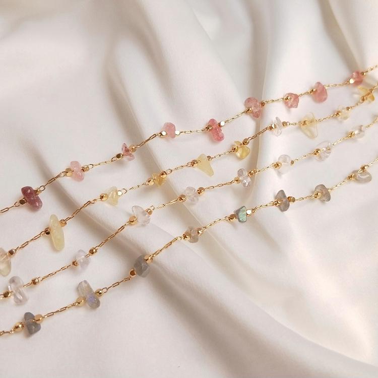 14K Gold-plated Irregular Natural Strawberry Quartz Citrine Moonstone Handmade Loose Chain for DIY Bracelet Necklace Material